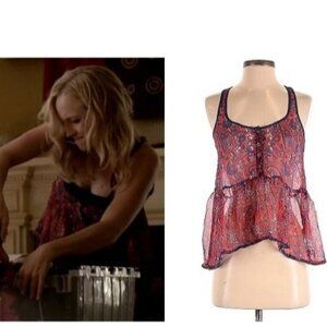 ASO CAROLINE FORBES THE VAMPIRE DIARIES Peplum Sheer Chiffon Top EUC